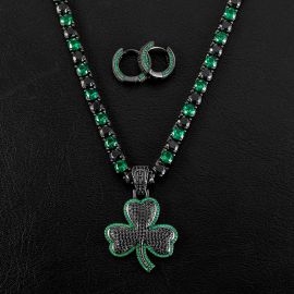 Iced Emerald & Black Clover Pendant+Tennis Chain+Earring Set