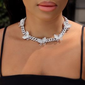 Iced Miami Cuban Chain With Rotating Butterfly Choker in White Gold