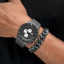 Iced Round Cut Luminous Men's Watch and 12mm Emerald Cuban Bracelet Set in Black Gold