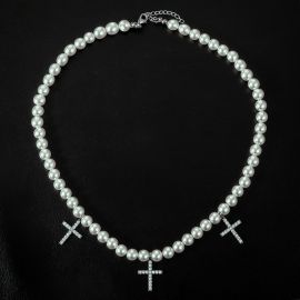 Iced Cross Pendant Pearl Necklace