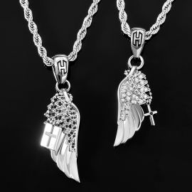 2pcs Couple Iced Angel Wings with Cross Pendant