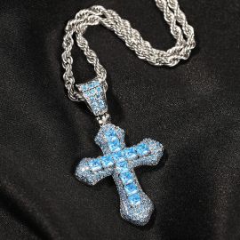 Iced Blue/Red Princess Cut Cross Pendant in White Gold