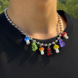 Colorful Acrylic Bear Mushroom Pendant Necklace