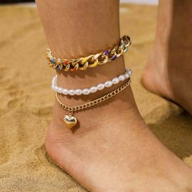 Pearl Heart Charm Cuban Chain Anklet Set