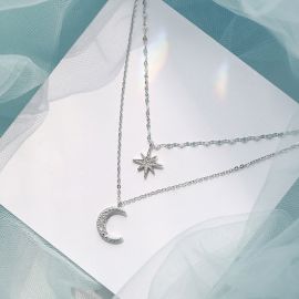 Double Layer Crescent Moon & Star Necklace