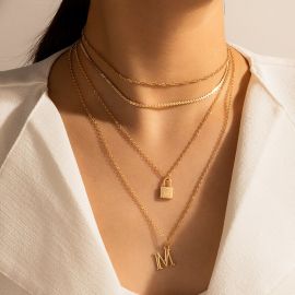 Padlock Letter M Gold Plated Layered Necklace