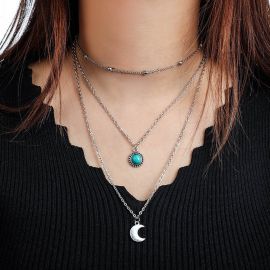 Silver Moon Pendant Beaded Chain Choker Layered Necklace