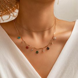 Enamel Circle Donuts Slub Chain Choker Crystal Beaded Layered Necklace