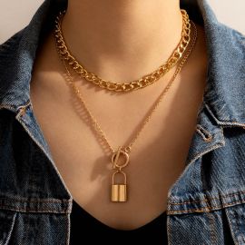 Lock Pendant Toggle Clasp Cuban Chain Layered Necklace