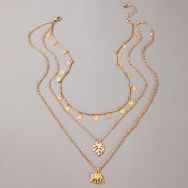 Elephant and Leaf Pendant Layered Necklace
