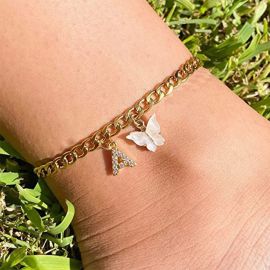 Iced Initial Letter and Butterfly Charms Anklet