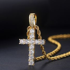 Women's Iced Sterling Silver Cross Pendant in Gold