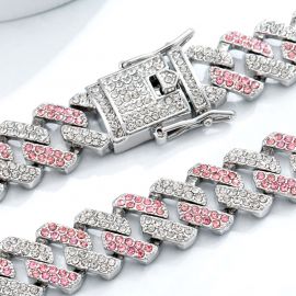Women's 14mm White & Pink Prong Cuban Chain in White Gold