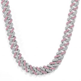 Women's 14mm White & Pink Prong Cuban Chain in White Gold