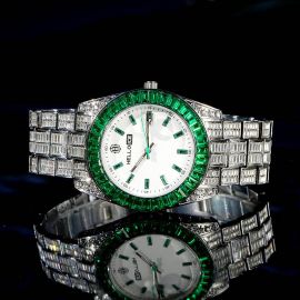 Emerald Baguette Cut Bezel Date Display Men's Watch in White Gold
