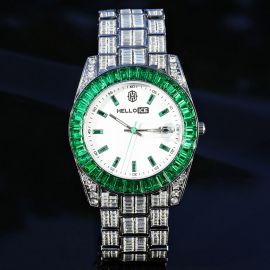 Emerald Baguette Cut Bezel Date Display Men's Watch in White Gold