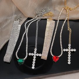 3Pcs Crystal Cross Heart Pendant Necklace Tennis Chain Choker Necklaces