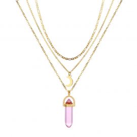 Moon Pink Crystal Pendant Figaro Chain Layered Necklace