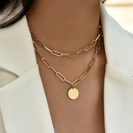 Round Charm Rectangle Link Chain Layered Necklace