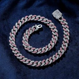 Women's 11mm Iced Pink&White Two-tone Cuban Link Chain