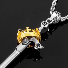 Iced Two Tone Sword & Crown Necklace
