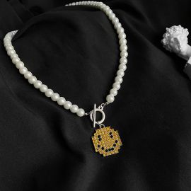 Iced Smile Face Toggle Clasp Pearl Necklace