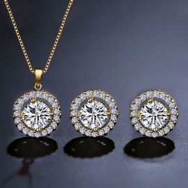 Micro Inlay Round Cut Stud Earrings & Necklace Set