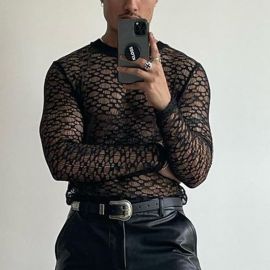 Fashion Men's Lace Cutout Slim Fit Black Sheer Top