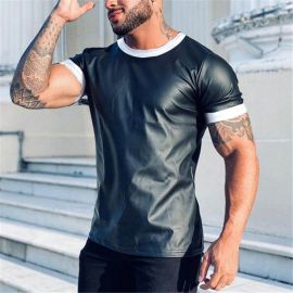men's black leather short sleeve t-shirt