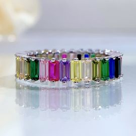 Mulit-color Emermald Cut Sterling Silver Ring