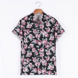 rose print short-sleeved lapel shirt