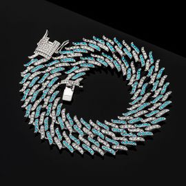 14mm Blue&White Iced Spiked Cuban Chain in White Gold