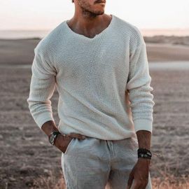 Long Sleeve Crewneck White Slim Fit Pullover Sweater
