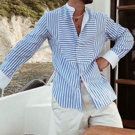 Men's Loose Simple Striped Irregular Patchwork Long Sleeve Shirt