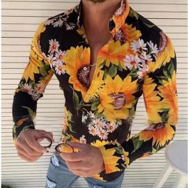 Men's Yellow Sunflower Flower Lapel Floral Shirt