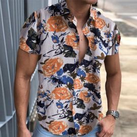 Summer Lapel Short Sleeve Casual Hawaiian Beach Print Shirt