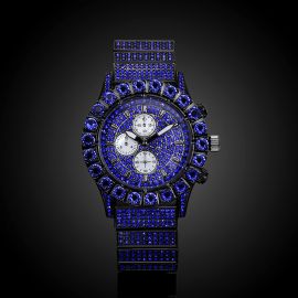 Iced Sapphire Round Cut Luminous Men's Watch in Black Gold
