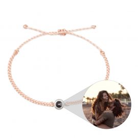 Personalized Circle Projection Photo Bracelet White Gold with Pink Rope