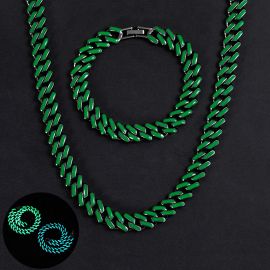 Glow in the Dark Green/Blue Enamel Prong Cuban  Chain and Bracelet Set