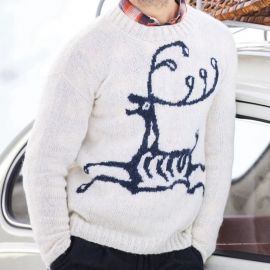 Men's Round Neck Pullover White Printed Sweater