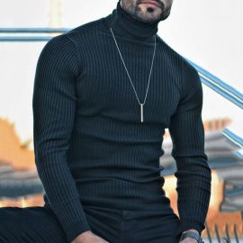 Black Slim Fit Solid Turtleneck Knit Sweater