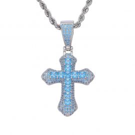 Women's Iced Blue/Red Princess Cut Cross Pendant in White Gold