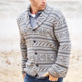 Jacquard Lapel Long Sleeve Cardigan Sweater