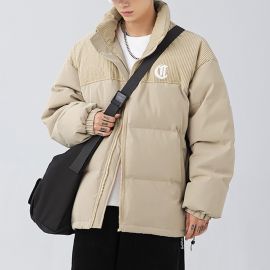 corduroy-paneled cotton stand-collar jacket