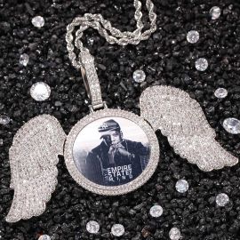 Iced Custom Wings Photo Pendant in White Gold