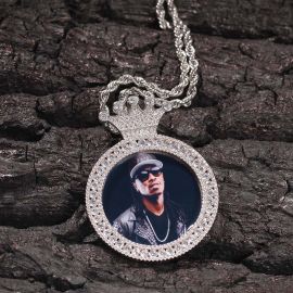 Iced Custom Crown Photo Pendant in White Gold