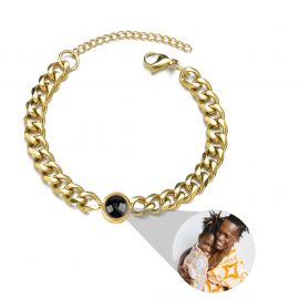 Personalized Circle Projection Photo Bracelet with Cuban Chain in Gold