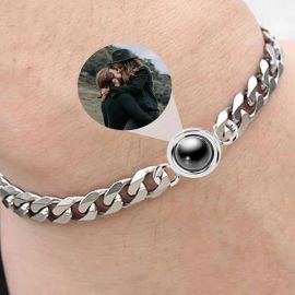 Personalized Circle Projection Photo Bracelet with Cuban Chain in White Gold