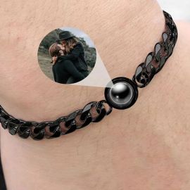 Personalized Circle Projection Photo Bracelet with Cuban Chain in Black Gold
