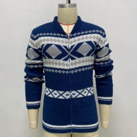 Fashion Lapel Zip Cardigan Sweater Jacquard Knit Sweater